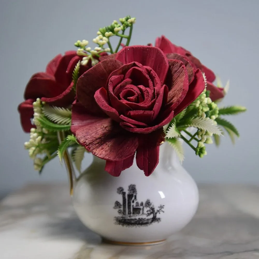 Vintage porcelain Royal Chelsea farm scene upcycled creamer w/Sola wood flowers